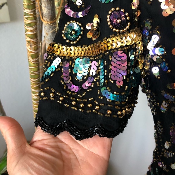 Vintage 80s Laurence Kazar Sequins Beaded Shirt S - Picture 4 of 10